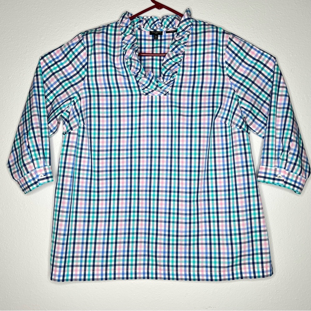 Talbots Tartan Plaid Blue & Pink Ruffle Trim Non-Iron Tunic Shirts Women’s 16W
